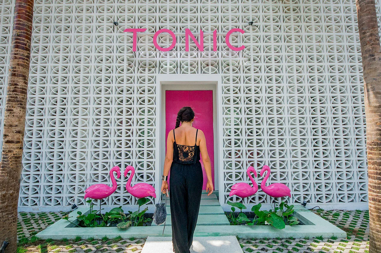 The pink entrance of Tonic Massage & Botanicals Canggu